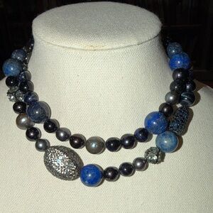 Statement Lapis Black Pearl Crystal  Beaded Necklace